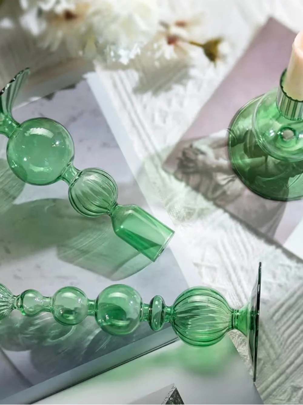 Hewory Green Glass Orb Candle Holders Set